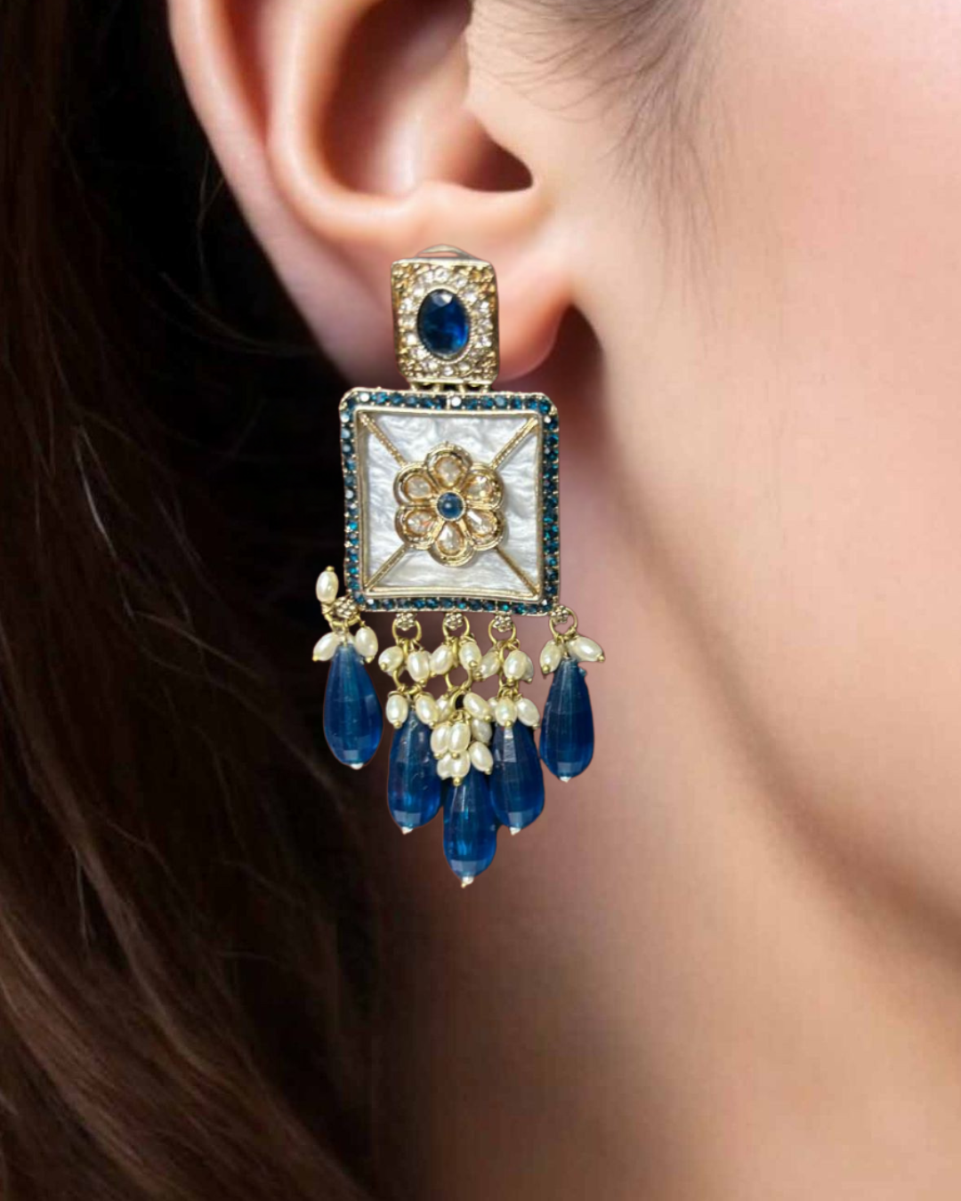 Gulnaaz Blue Drop Kundan Earrings