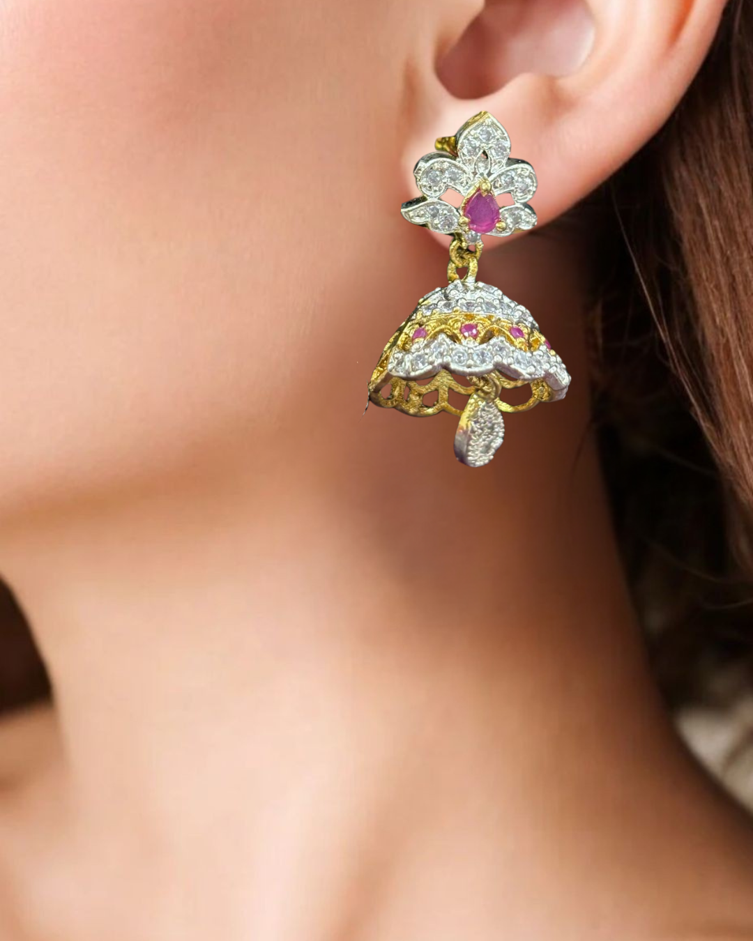 Floral Ruby AD Jhumka Earrings