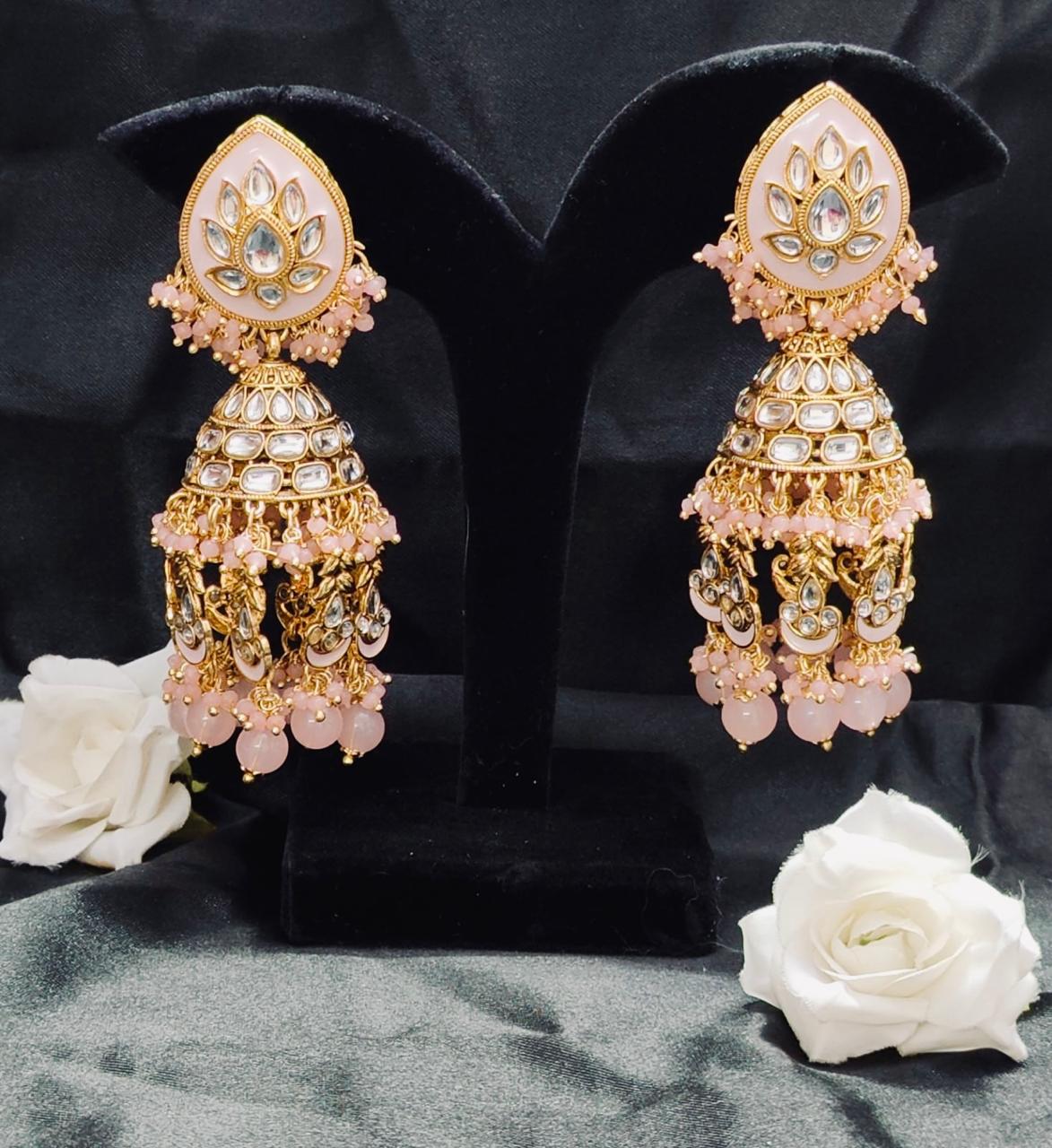 Pink & Gold Kundan Jhumka Earrings