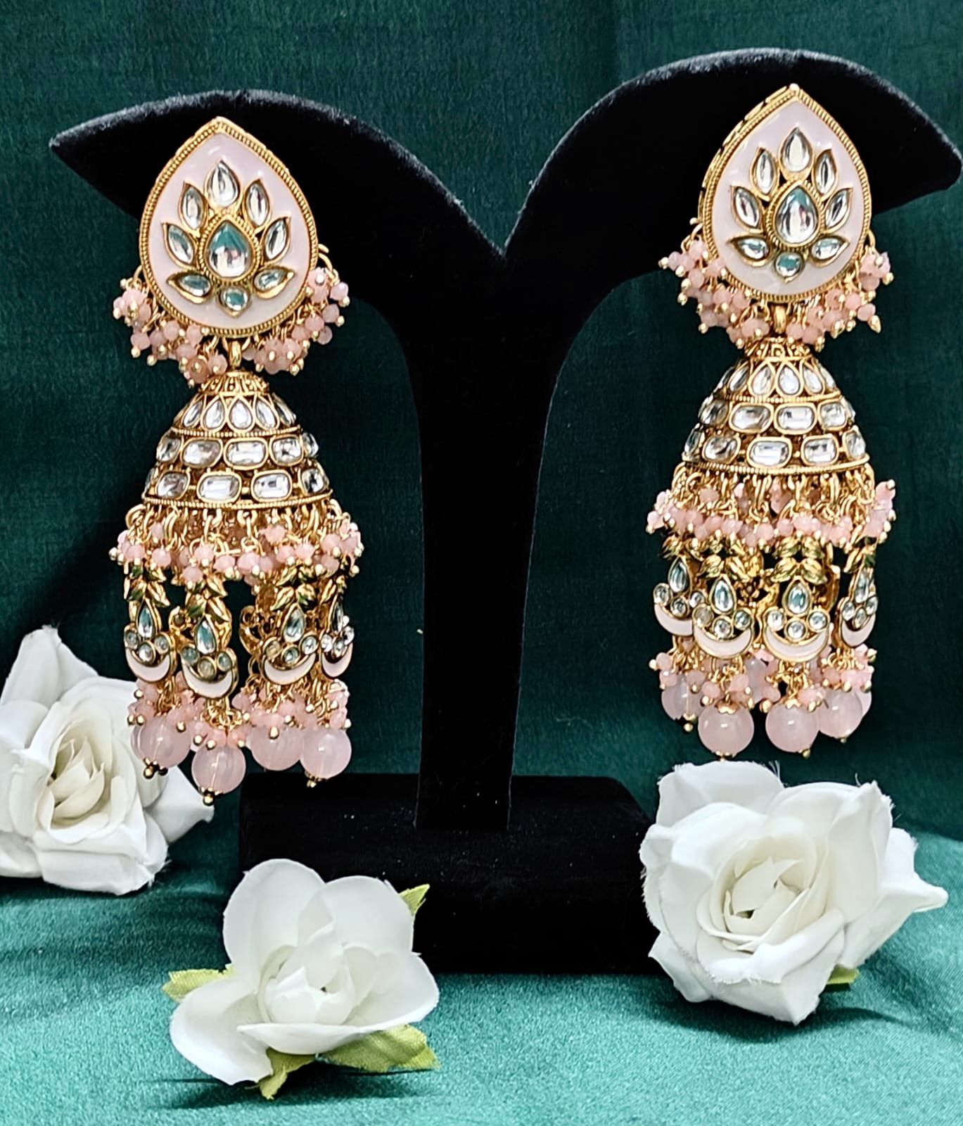 Pink & Gold Kundan Jhumka Earrings