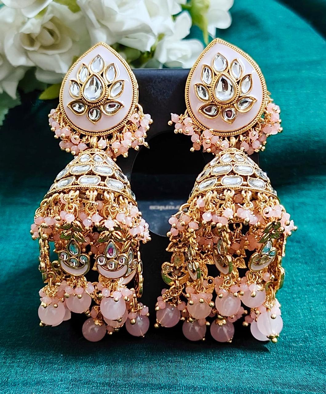 Pink & Gold Kundan Jhumka Earrings