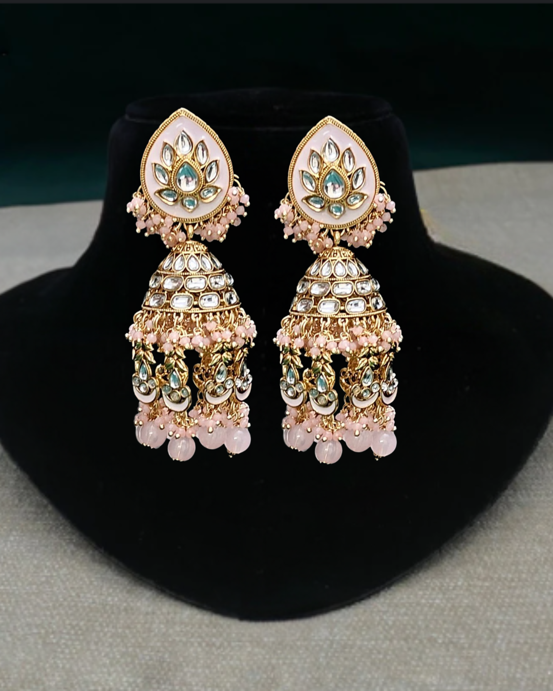 Pink & Gold Kundan Jhumka Earrings