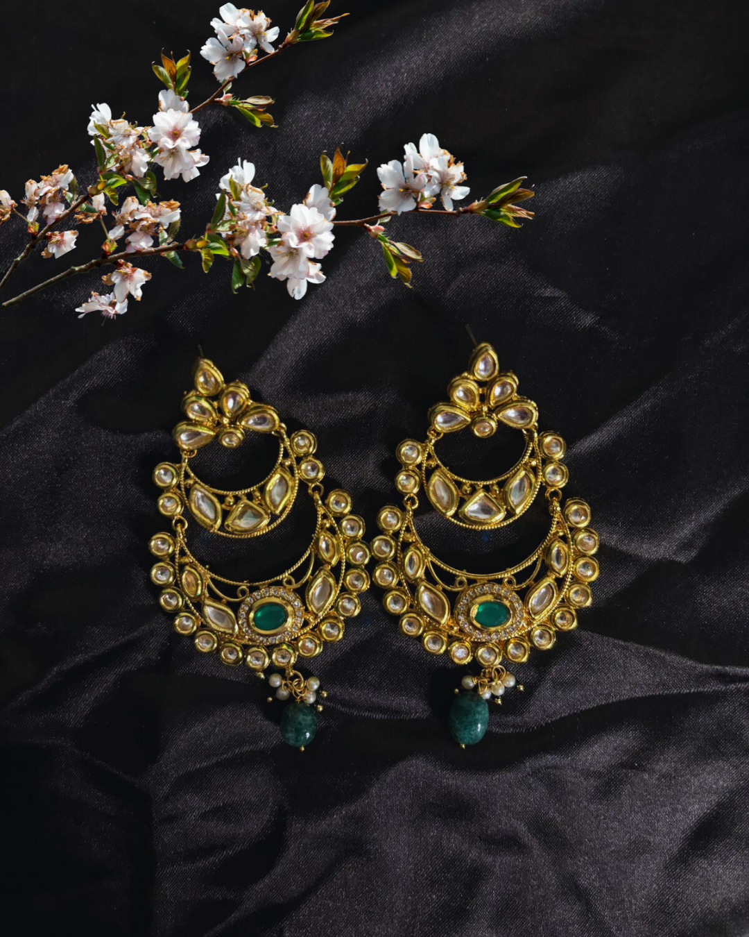 Royal Green & Gold Kundan Chandbali Earrings