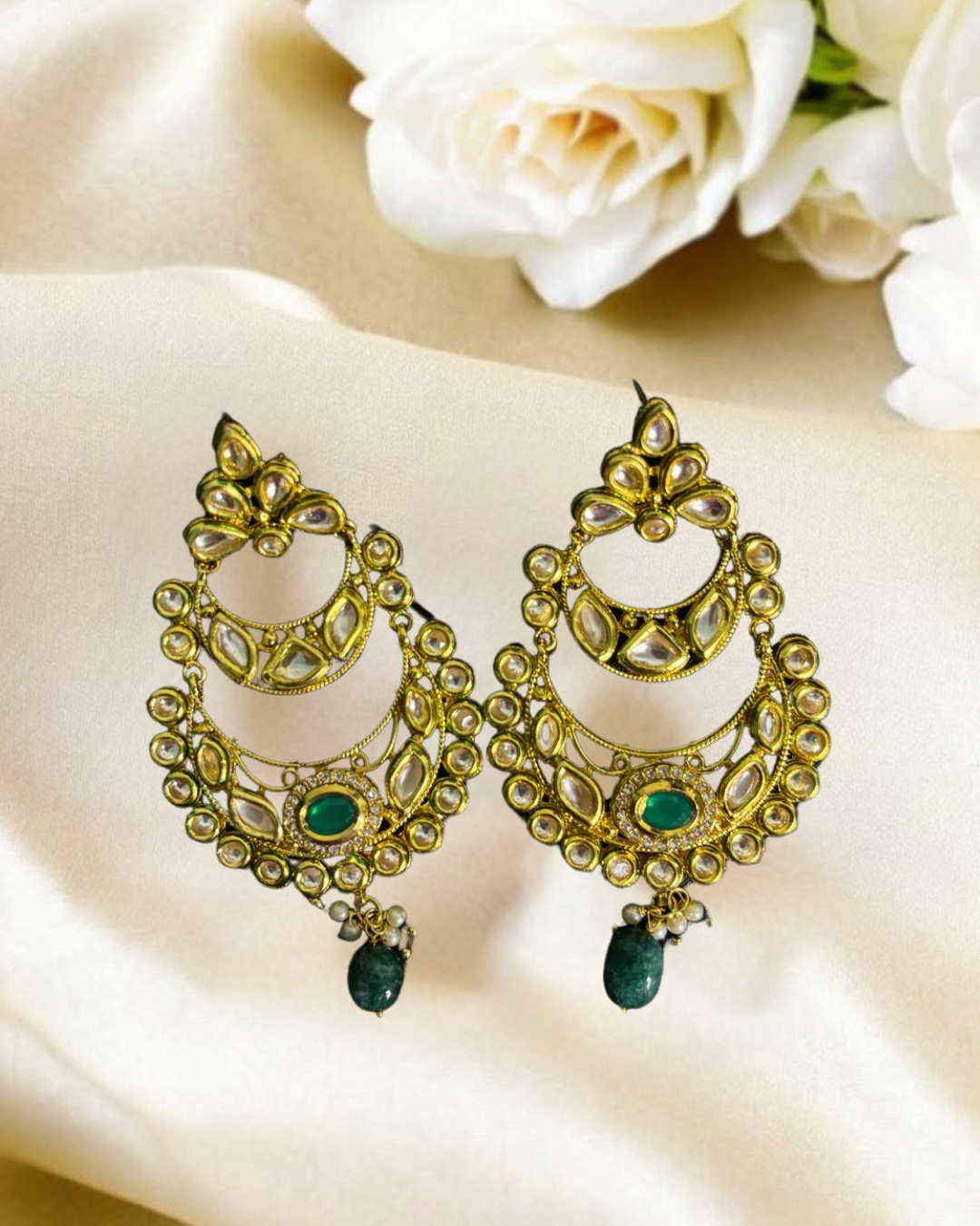 Royal Green & Gold Kundan Chandbali Earrings