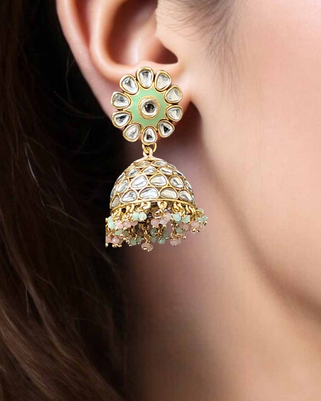 Pink & Green Kundan Jhumka Earrings