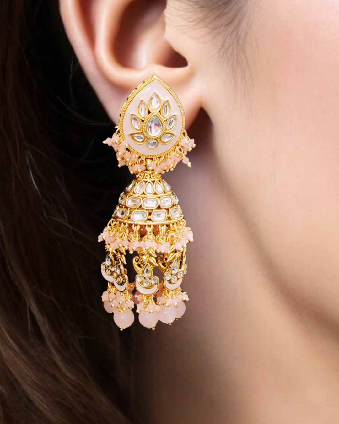 Pink & Gold Kundan Jhumka Earrings