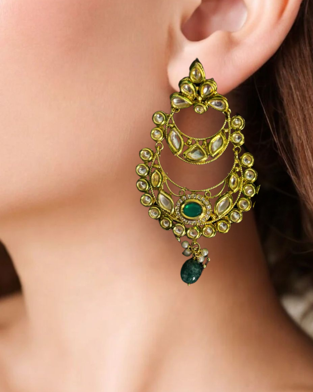 Royal Green & Gold Kundan Chandbali Earrings