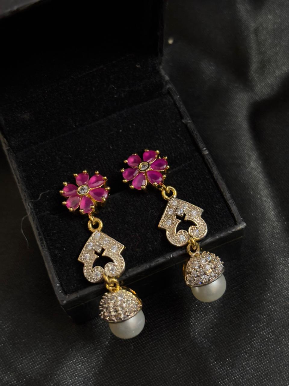 Elegant Ruby & Pearl Drop Earrings