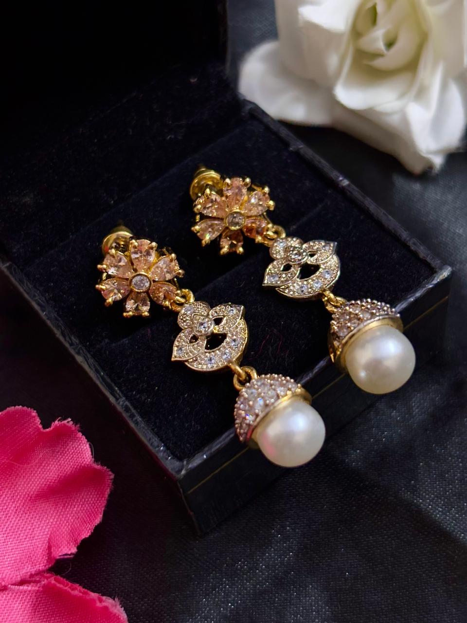 Elegant Ruby & Pearl Drop Earrings