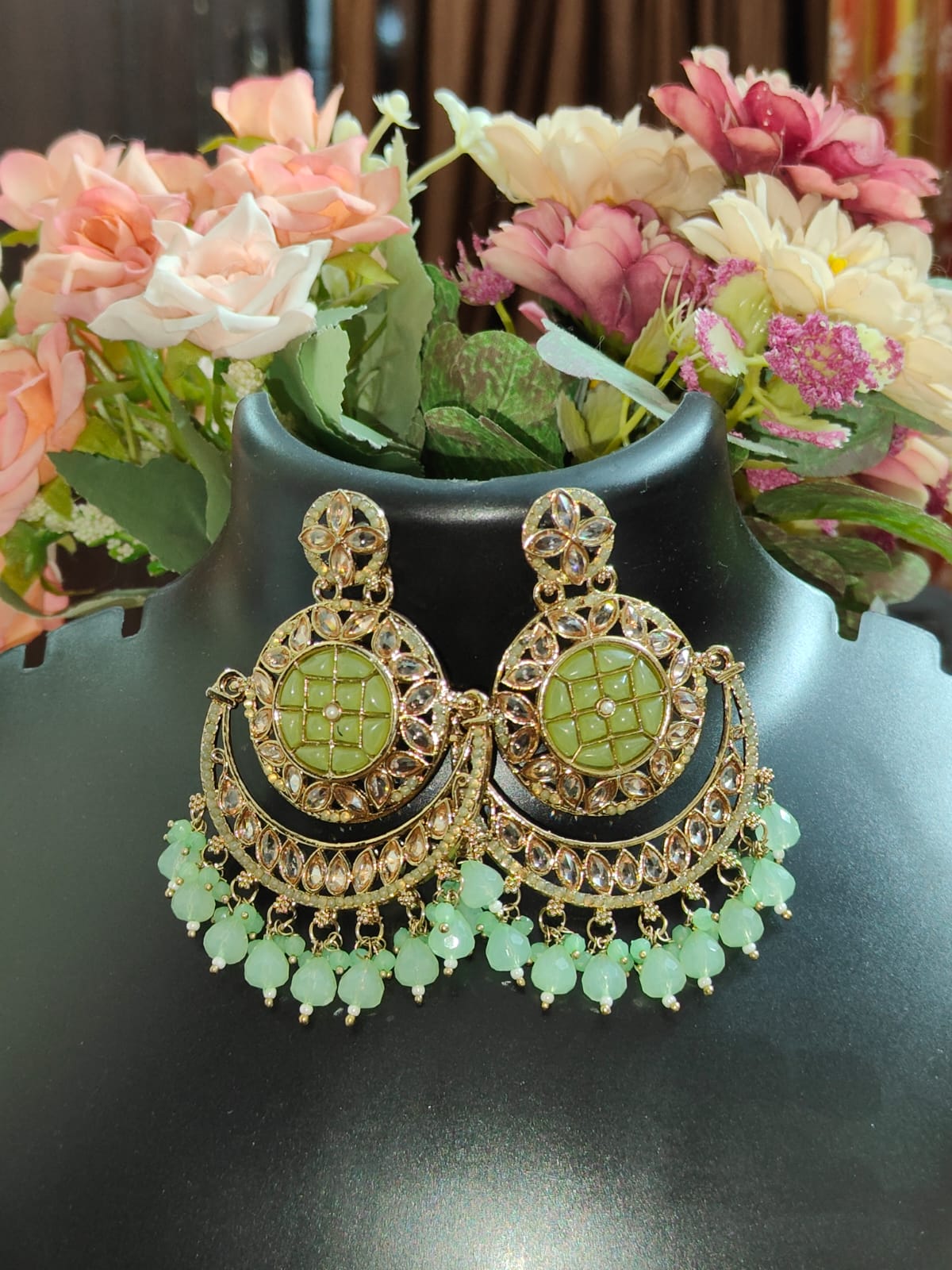 Light Green & Gold Kundan Chandbali Earrings