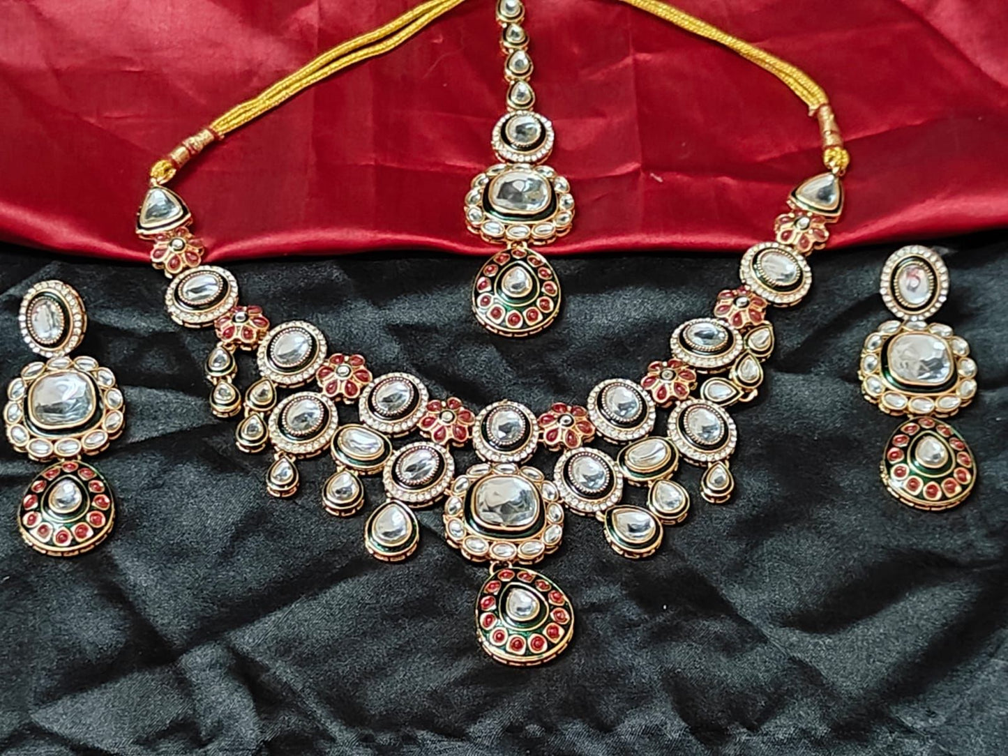 Gulzar Green & Ruby Kundan Necklace Set