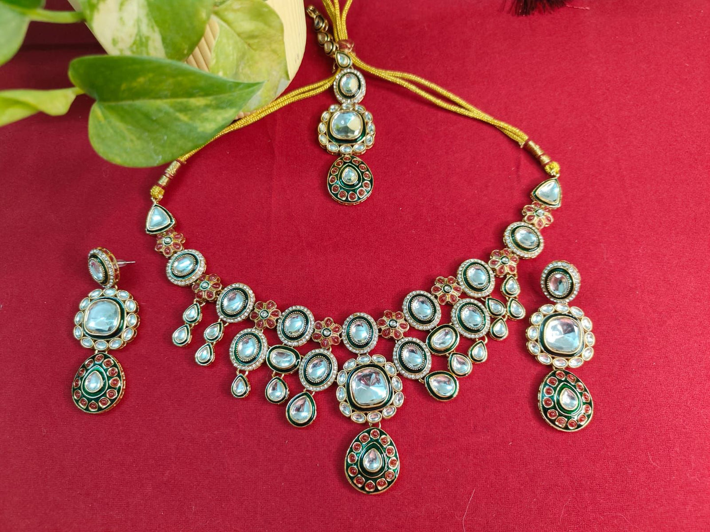 Gulzar Green & Ruby Kundan Necklace Set