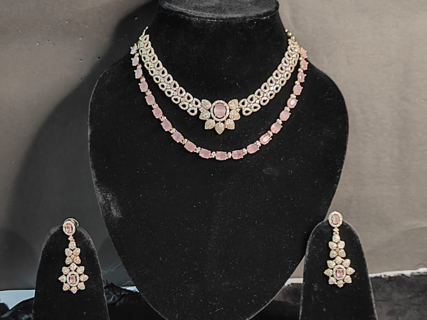 Elina Blush Pink & CZ Stone Layered Necklace Set