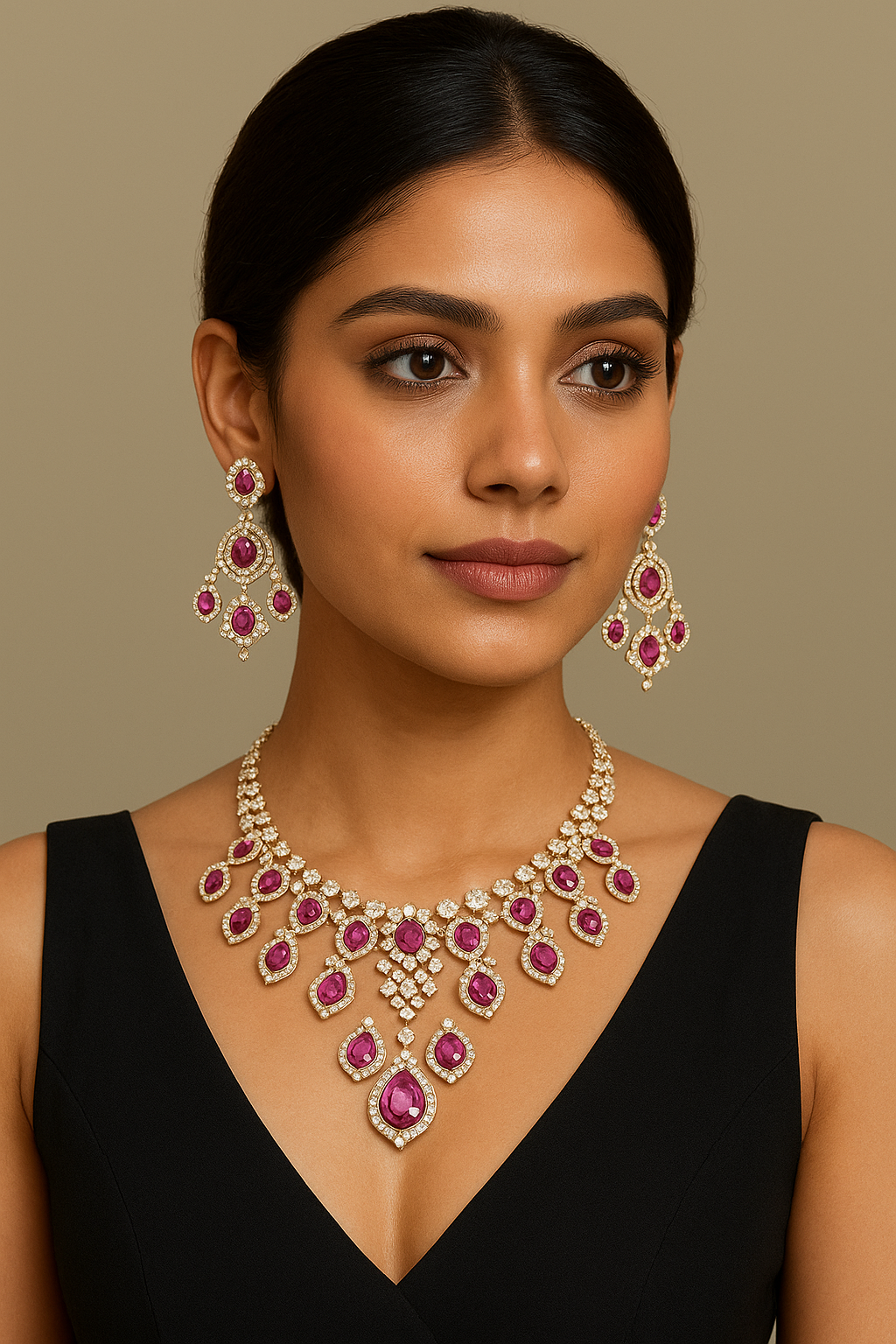 Ravya Ruby & CZ Stone Designer Necklace Set