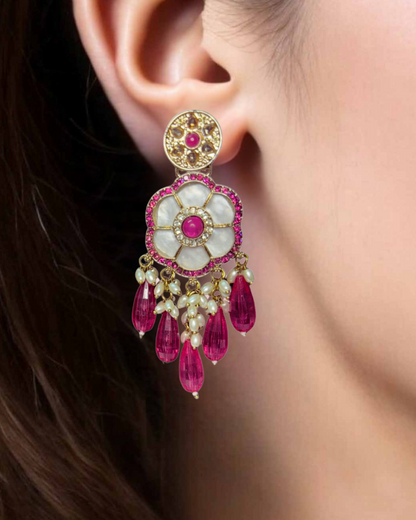 Gulzar Pink Bloom Pearl Drop Earrings