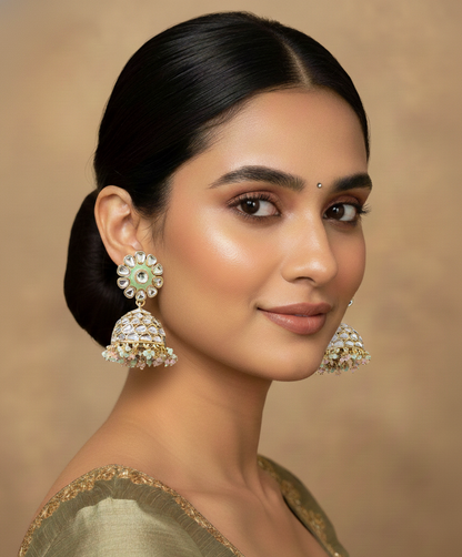 Pink & Green Kundan Jhumka Earrings