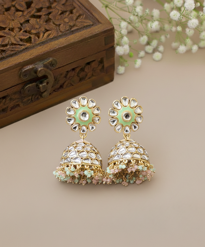 Pink & Green Kundan Jhumka Earrings