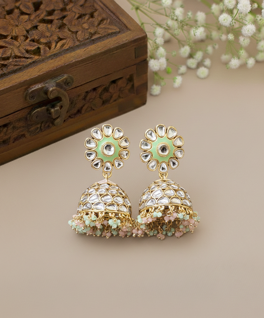 Pink & Green Kundan Jhumka Earrings