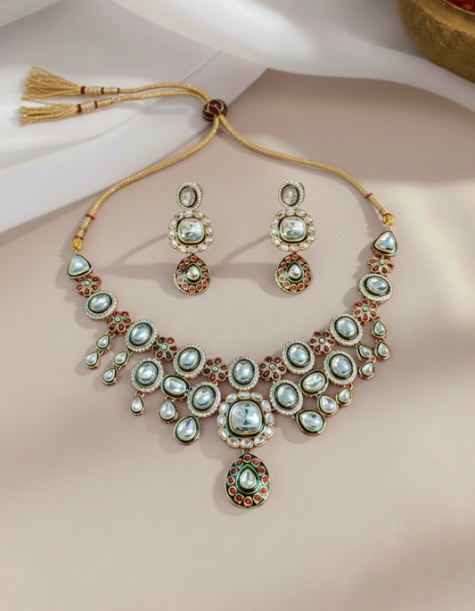 Gulzar Green & Ruby Kundan Necklace Set