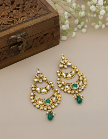 Royal Green & Gold Kundan Chandbali Earrings