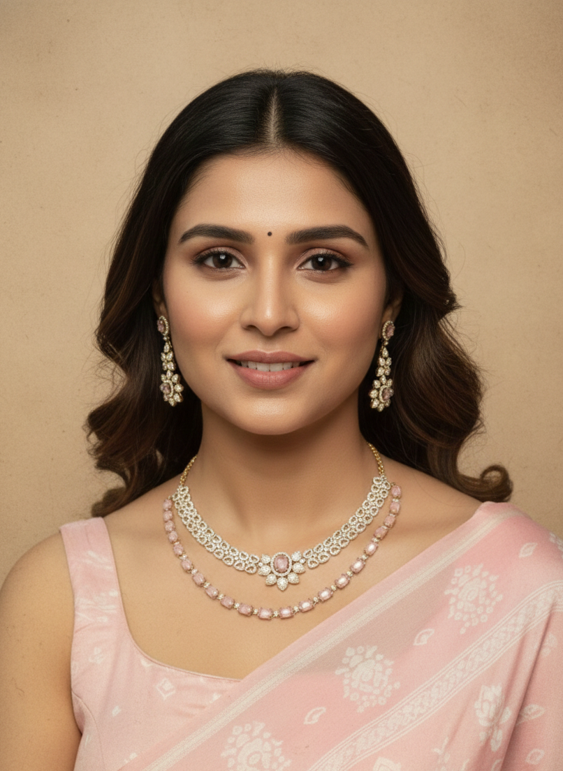 Elina  Blush Pink & CZ Stone Layered Necklace Set