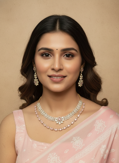 Elina  Blush Pink & CZ Stone Layered Necklace Set