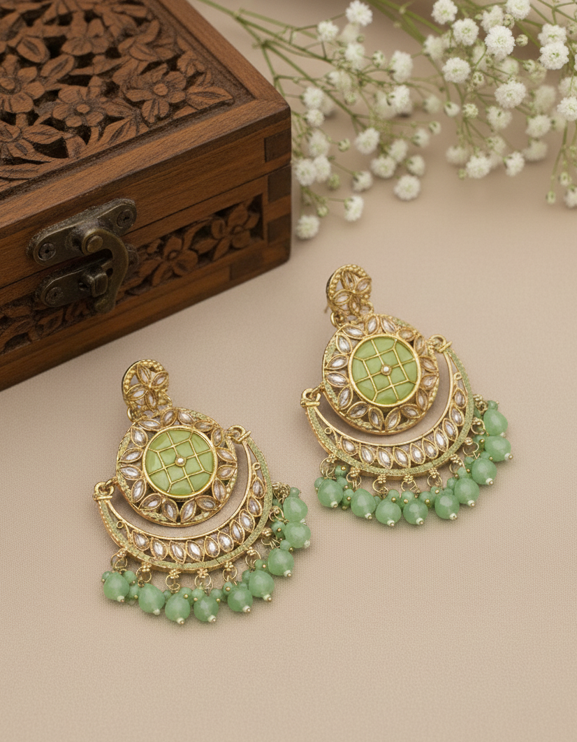 Light Green & Gold Kundan Chandbali Earrings