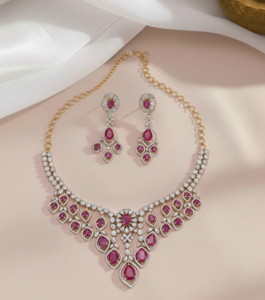 Ravya Ruby & CZ Stone Designer Necklace Set
