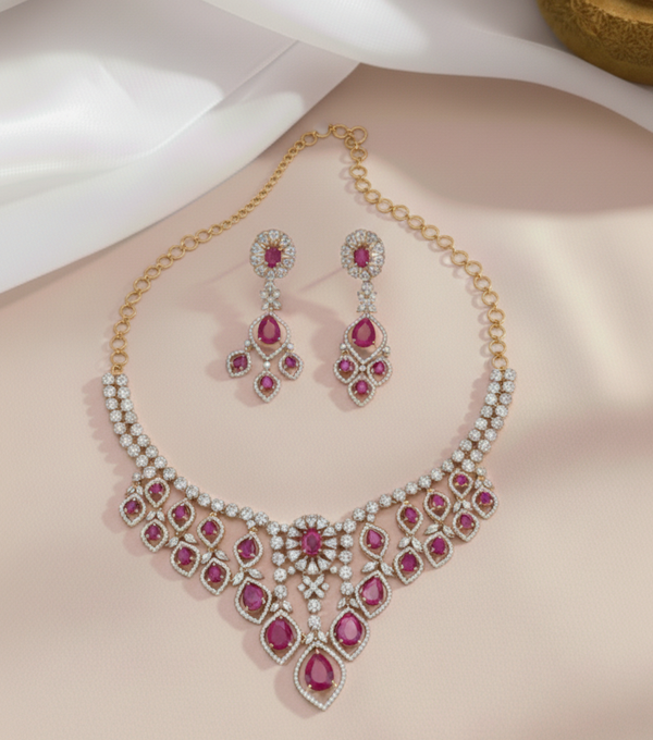 Ravya Ruby & CZ Stone Designer Necklace Set
