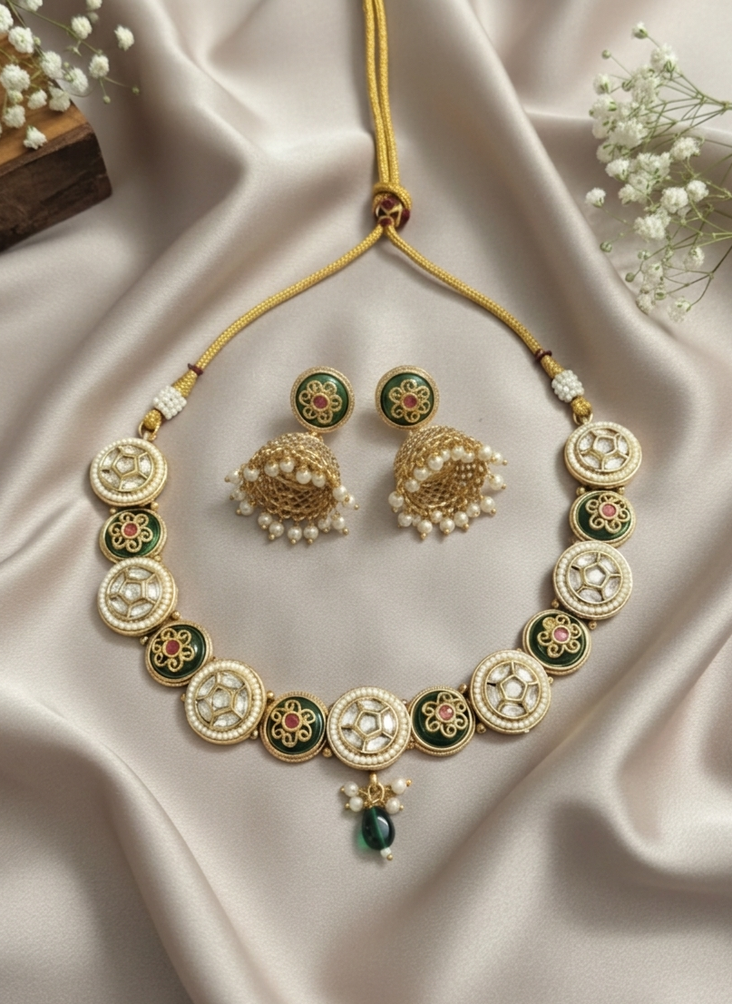 Advika Kundan & Emerald Circular Choker Set
