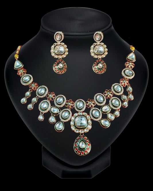 Gulzar Green & Ruby Kundan Necklace Set