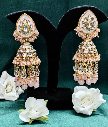 Pink & Gold Kundan Jhumka Earrings