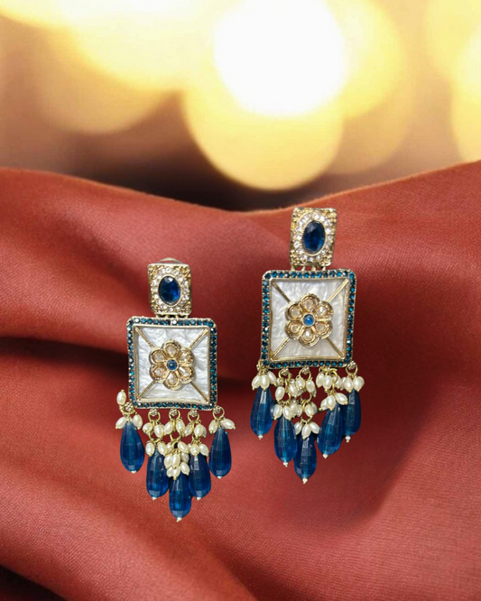 Gulnaaz Blue Drop Kundan Earrings