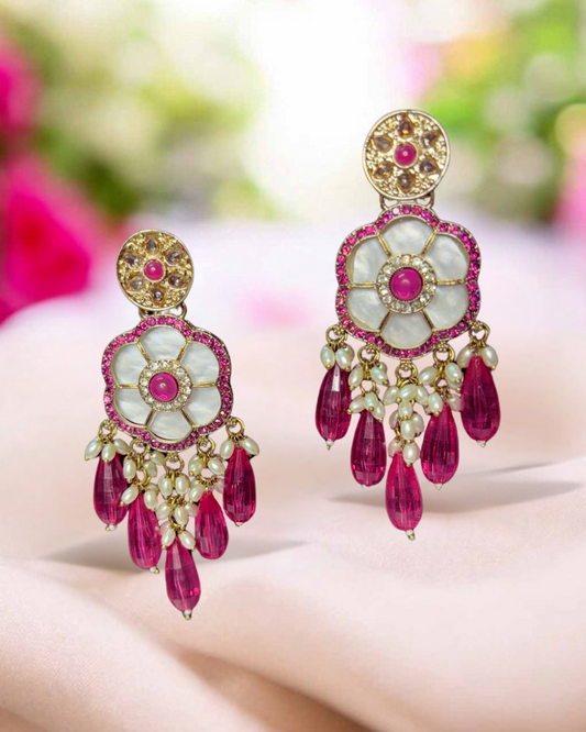 Gulzar Pink Bloom Pearl Drop Earrings