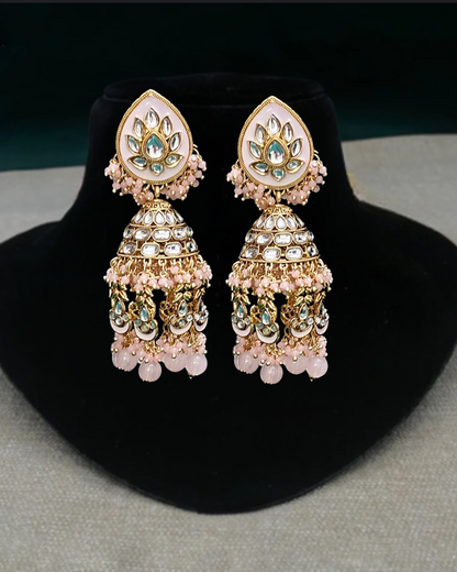 Pink & Gold Kundan Jhumka Earrings
