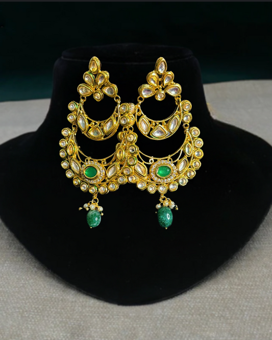 Royal Green & Gold Kundan Chandbali Earrings
