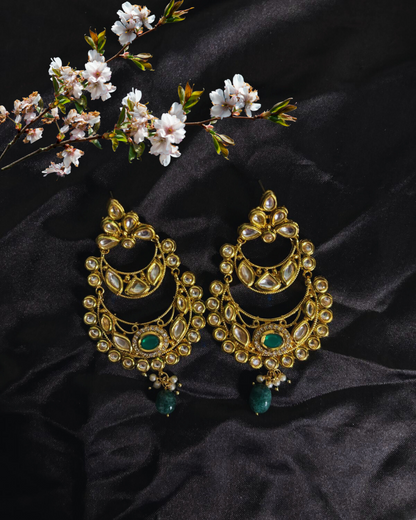 Royal Green & Gold Kundan Chandbali Earrings