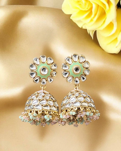 Pink & Green Kundan Jhumka Earrings
