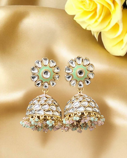 Pink & Green Kundan Jhumka Earrings