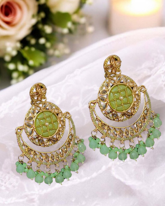 Light Green & Gold Kundan Chandbali Earrings