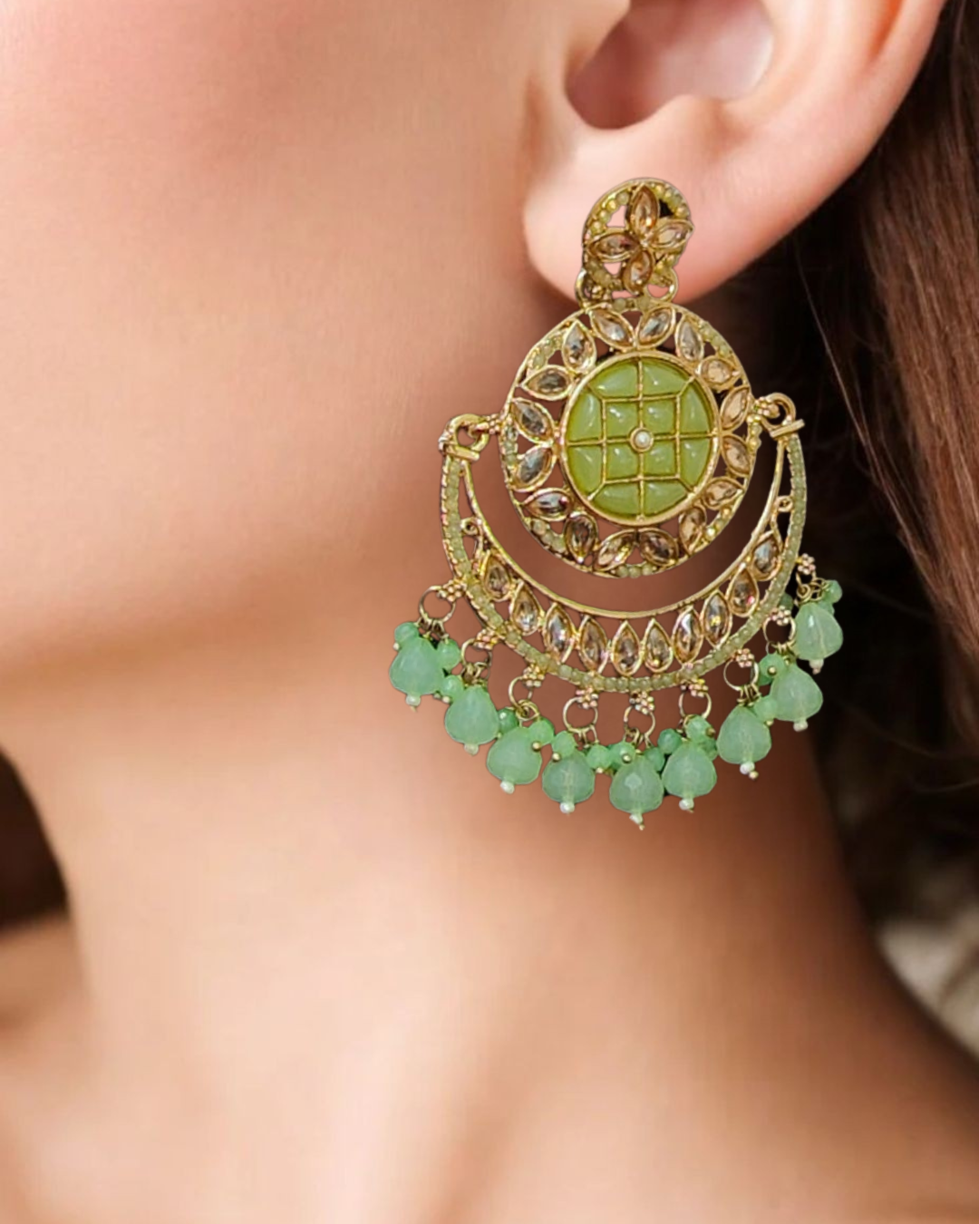 Light Green & Gold Kundan Chandbali Earrings