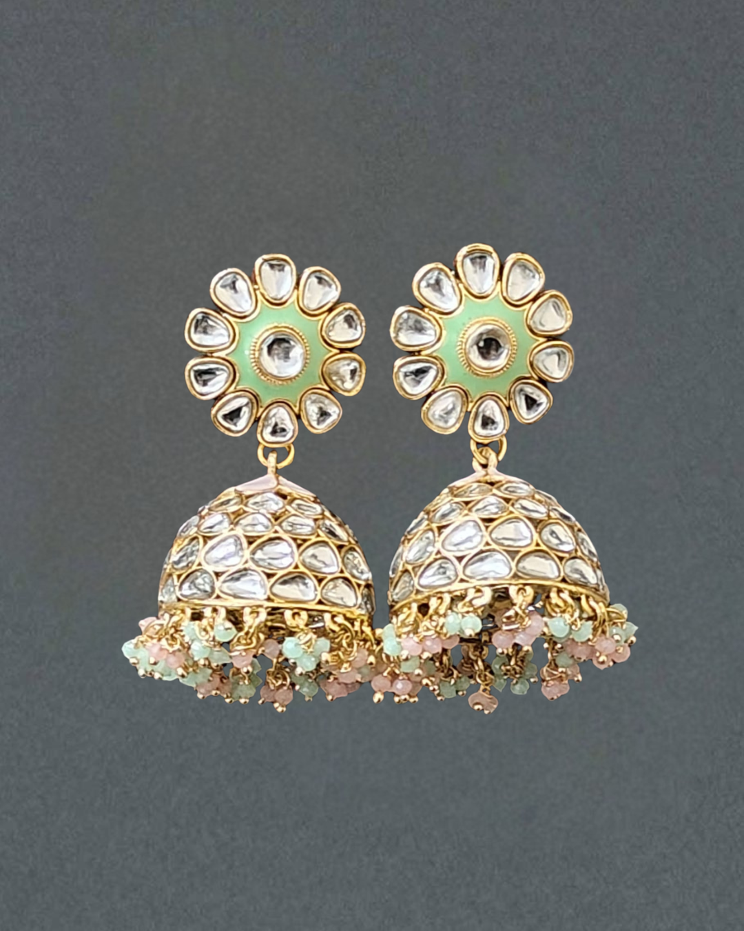 Pink & Green Kundan Jhumka Earrings