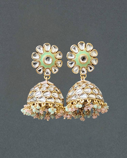 Pink & Green Kundan Jhumka Earrings