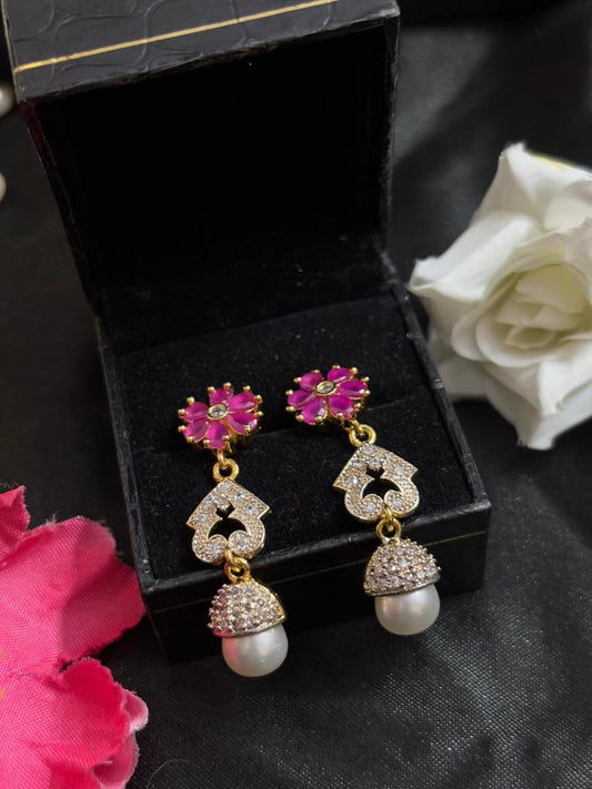 Elegant Ruby &  Pearl Drop Earrings