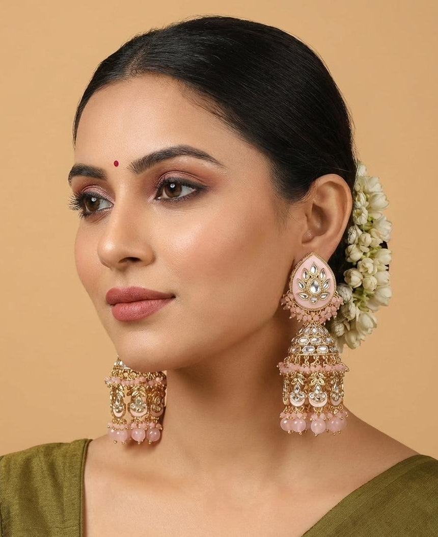 Pink & Gold Kundan Jhumka Earrings