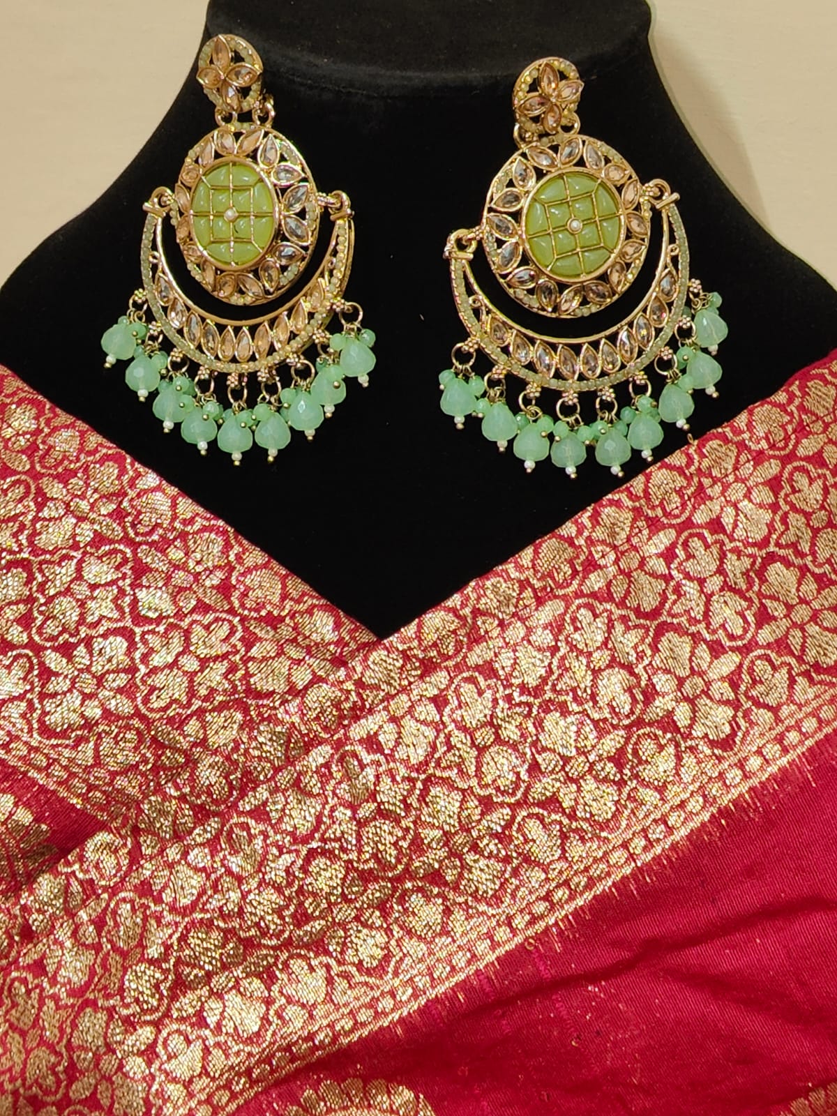 Light Green & Gold Kundan Chandbali Earrings