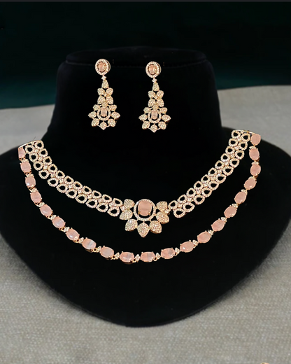 Elina  Blush Pink & CZ Stone Layered Necklace Set