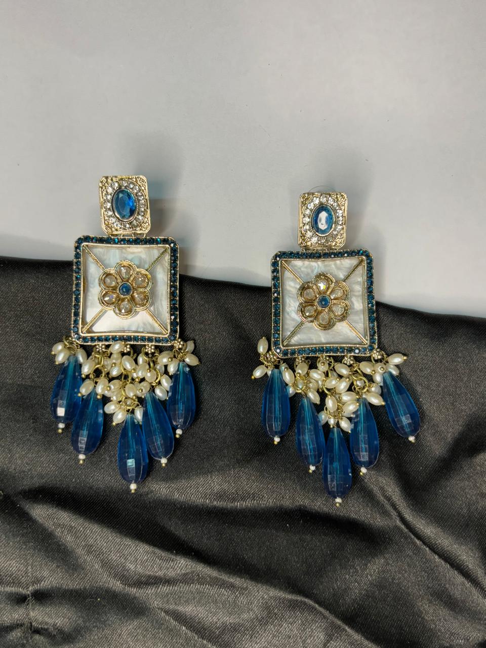 Gulnaaz Blue Drop Kundan Earrings