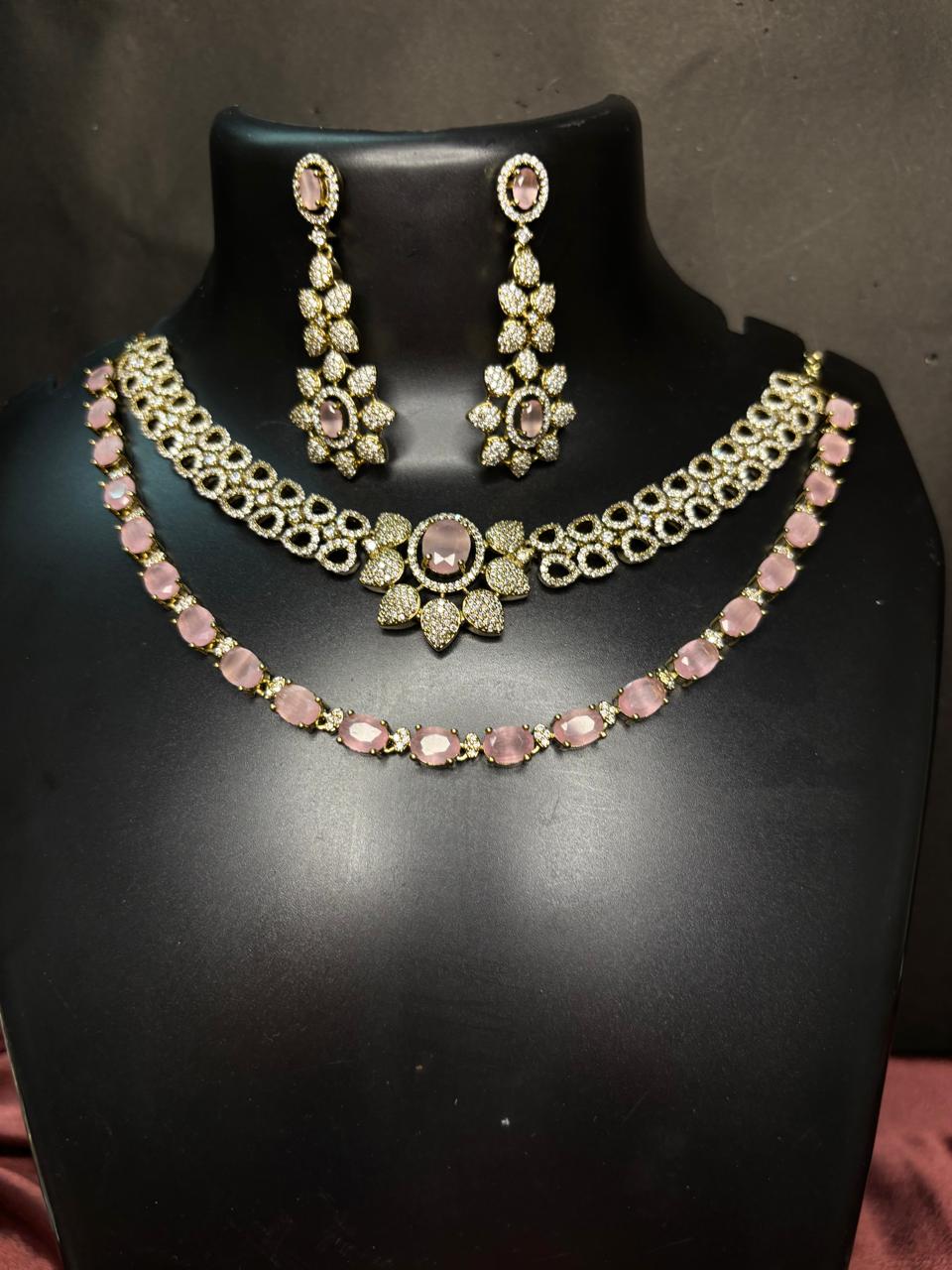 Elina  Blush Pink & CZ Stone Layered Necklace Set