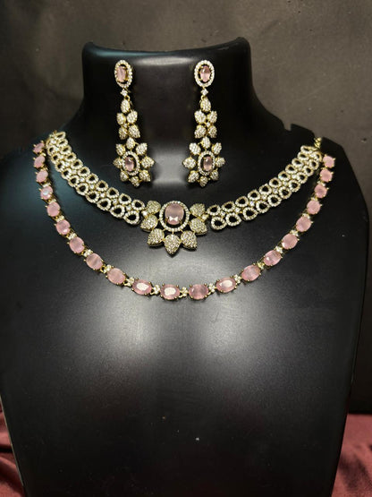 Elina  Blush Pink & CZ Stone Layered Necklace Set